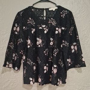 LOFT Black and Pink Embellished Boxy Blouse
